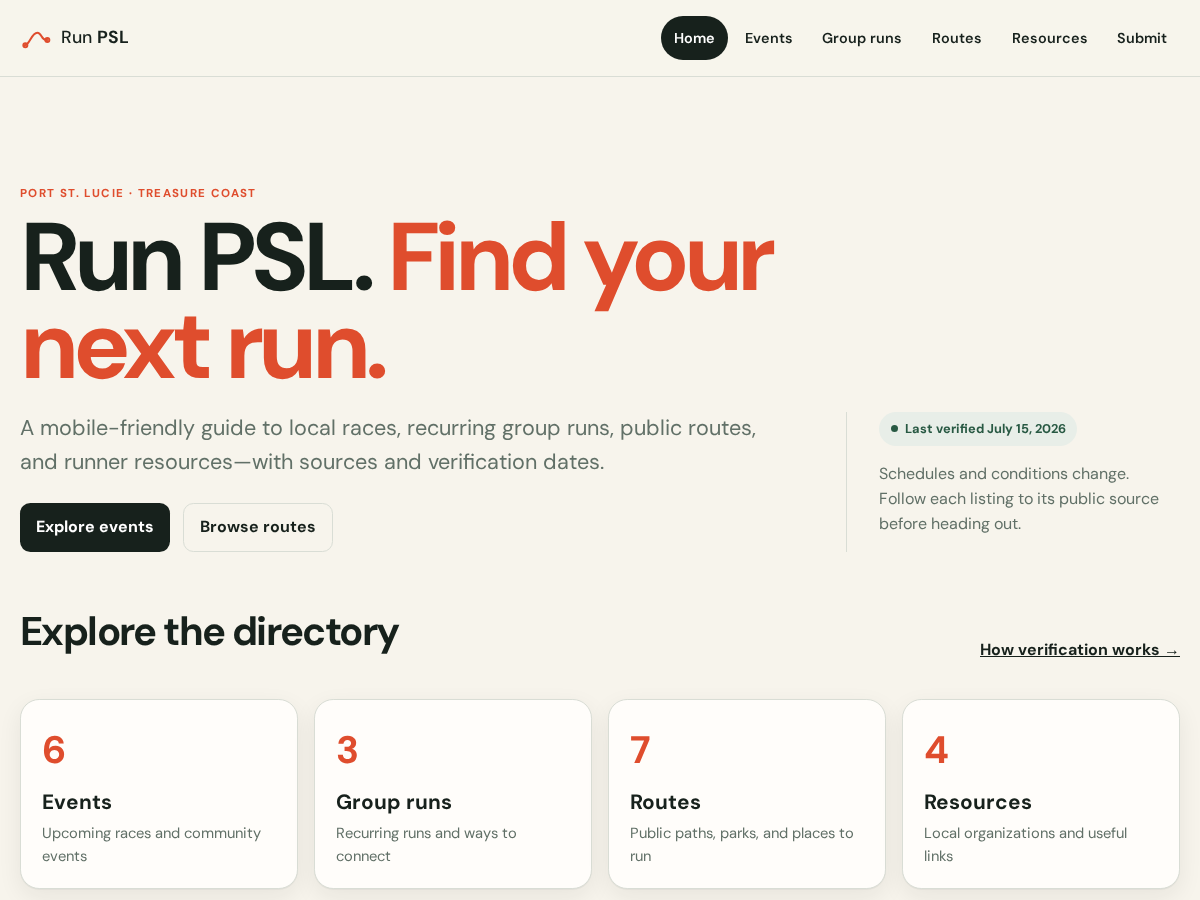 Screenshot of the Run PSL homepage showing its directory of local running events